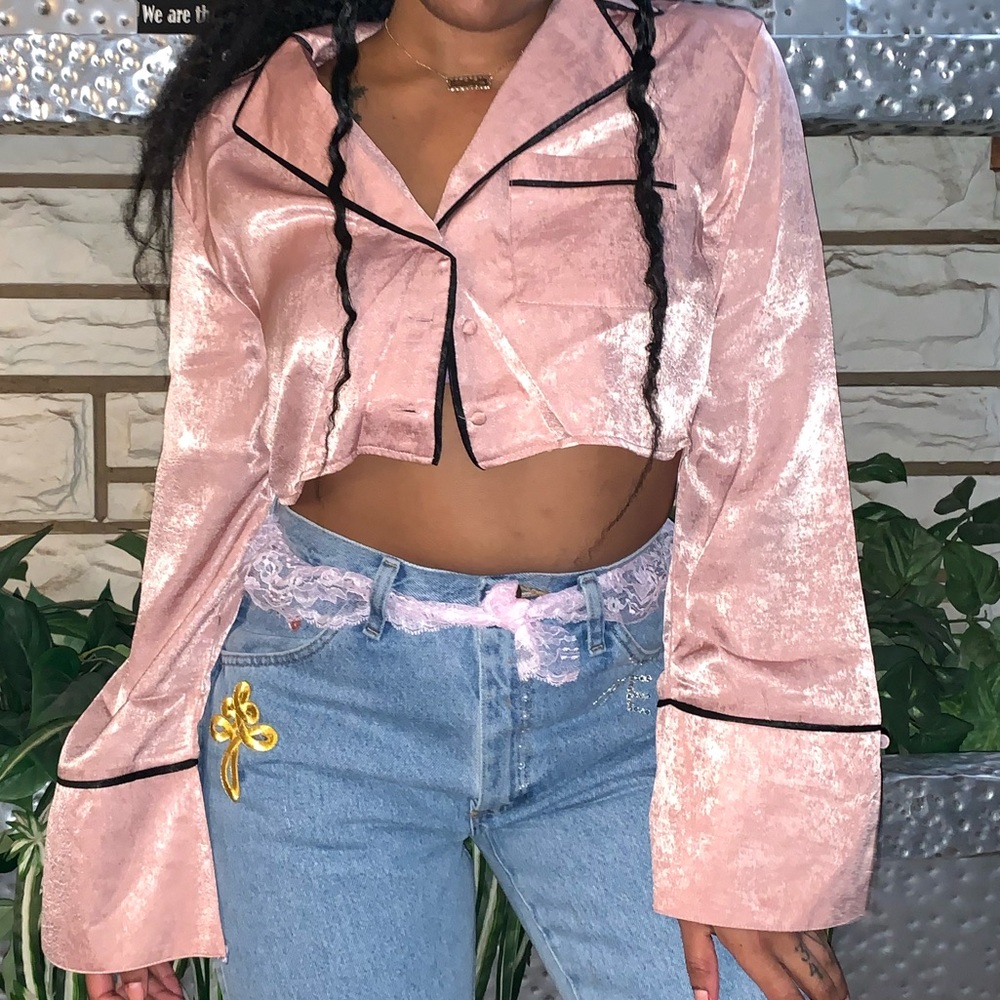 Faux silky cropped button down blouse